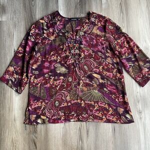 Vintage Y2K Notations Boho Tunic Top Sz XL Embroidered Paisley V Neck Art‎ Deco